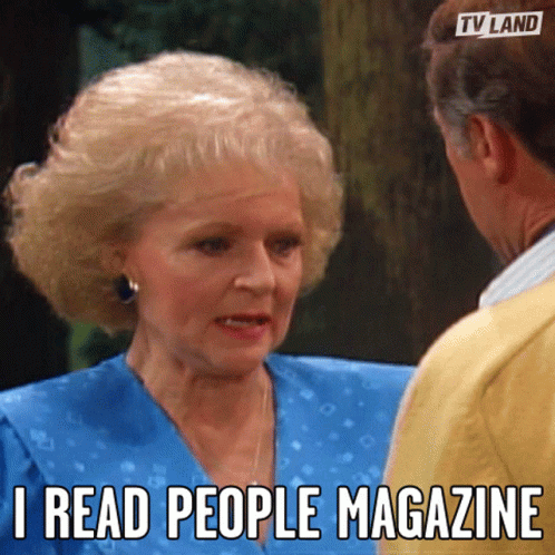 A Woman Talking To A Man With The Words I Read People Magazine On The Bottom GIF