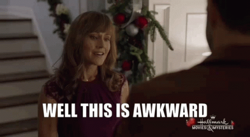 A Woman Talking To A Man With The Words Well This Is Awkward On The Bottom GIF