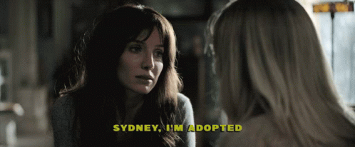 A Woman Talking To Another Woman With The Words Sydney I 'M Adopted Above Her GIF