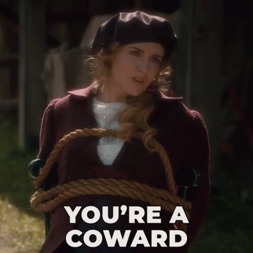 A Woman Tied Up With A Rope And The Words You 'Re A Coward Above Her GIF