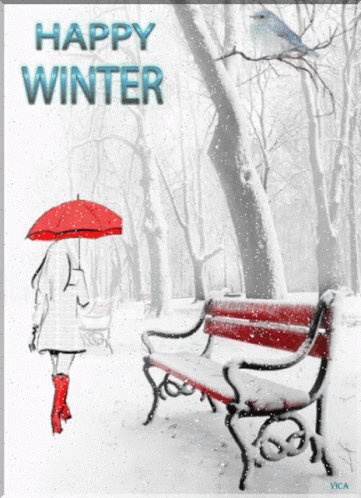A Woman Walking In The Snow With An Umbrella And The Words Happy Winter GIF