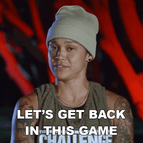Woman In Beanie And Tank Top Saying Let's Get Back In This Game Challenge GIF