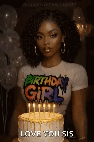 A Woman Wearing A Birthday Girl Shirt Is Standing In Front Of A Cake With Candles . GIF