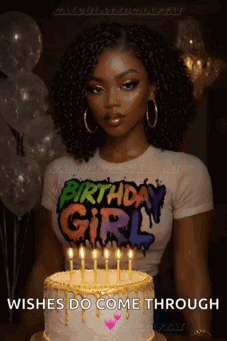 A Woman Wearing A Birthday Girl Shirt Stands In Front Of A Cake With Candles GIF