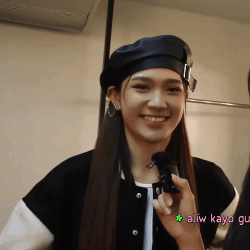 A Woman Wearing A Black Beret Is Smiling With The Words Aliw Kayo Gu On The Bottom GIF