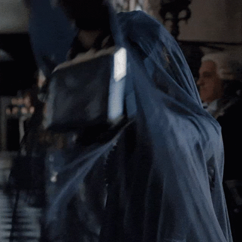 A Woman Wearing A Black Hat And A Blue Veil Looks Out A Window GIF