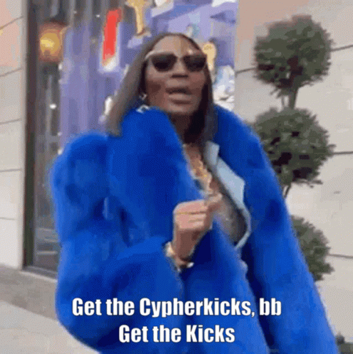 A Woman Wearing A Blue Fur Coat And Sunglasses Says Get The Cypherkicks , Bb Get The Kicks . GIF