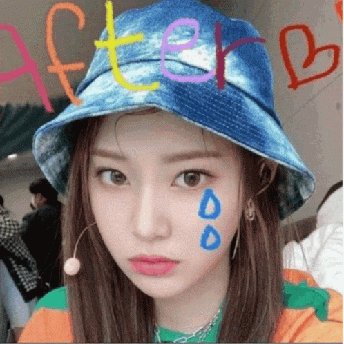 A Woman Wearing A Blue Hat Has The Word After Written On Her Face . GIF
