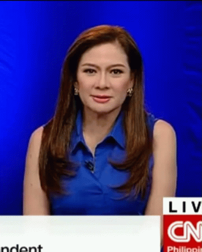 A Woman Wearing A Blue Shirt Is Sitting In Front Of A Cnn Logo GIF