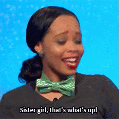 A Woman Wearing A Bow Tie And A Black Shirt Says Sister Girl That 'S What 'S Up GIF