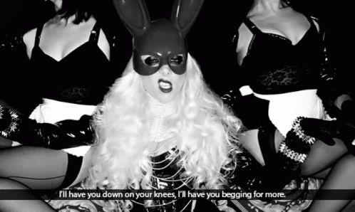 A Woman Wearing A Bunny Mask Says I 'Ll Have You Down On Your Knees GIF