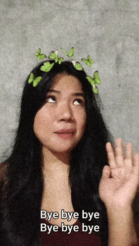 A Woman Wearing A Butterfly Crown Says Bye Bye Bye GIF