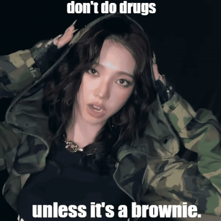A Woman Wearing A Camouflage Jacket Says " Don 'T Do Drugs Unless It 'S A Brownie " GIF
