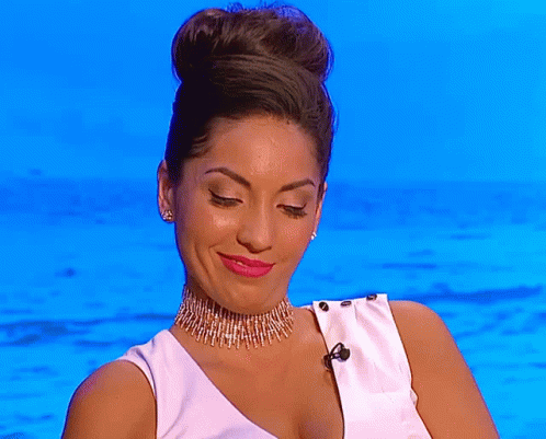 A Woman Wearing A Choker And Earrings Looks Down GIF