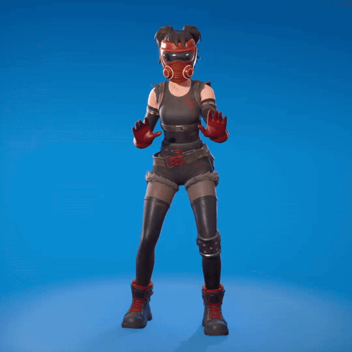 A Woman Wearing A Gas Mask And Gloves Is Standing In Front Of A Blue Background GIF