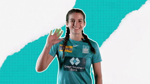 A Woman Wearing A Great Southern Bank Shirt Waves GIF