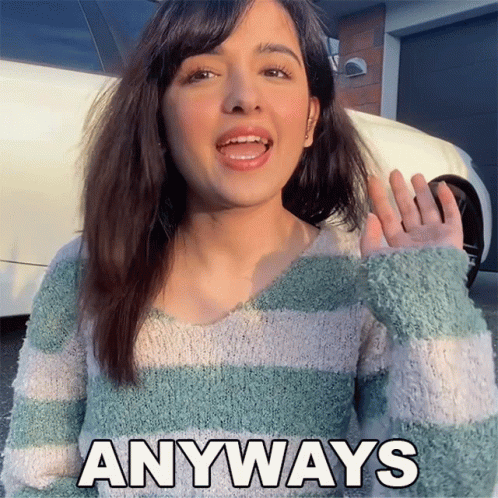 A Woman Wearing A Green And White Striped Sweater Says " Anyways " GIF
