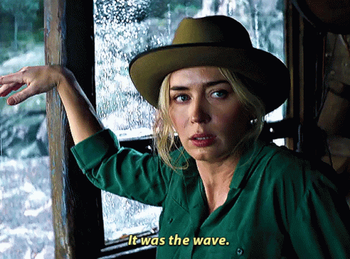 A Woman Wearing A Hat And Green Shirt Says It Was The Wave GIF