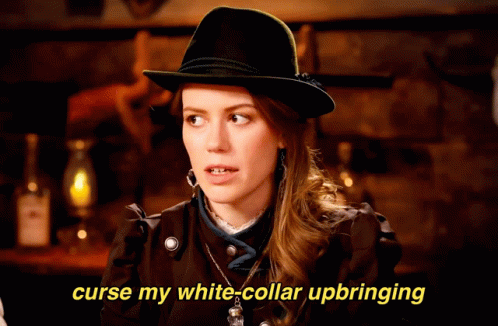 A Woman Wearing A Hat Says Curse My White Collar Upbringing GIF