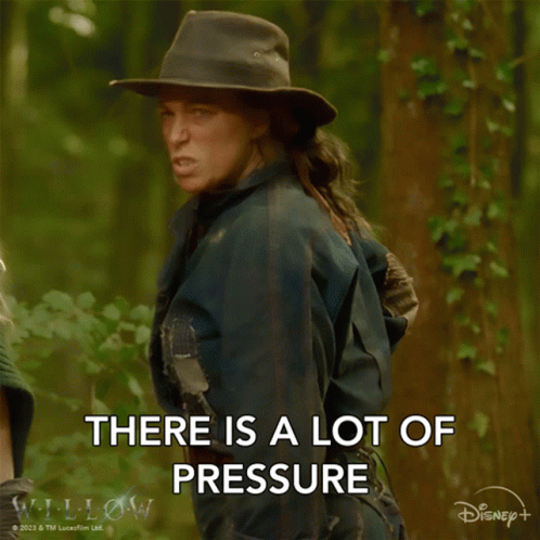 A Woman Wearing A Hat Says There Is A Lot Of Pressure On A Disney+ Ad GIF
