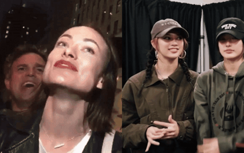A Woman Wearing A Hat That Says The North Face Stands Next To Two Other Women GIF