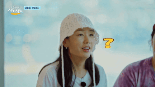A Woman Wearing A Hat With A Question Mark On Her Forehead GIF