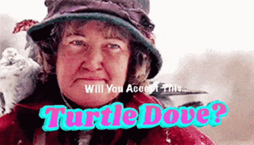 A Woman Wearing A Hat With The Words " Will You Accept This Turtle Dove " GIF