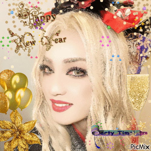 A Woman Wearing A Headband With The Words Happy New Year On It GIF
