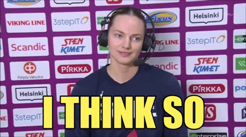 a woman wearing a headset says i think so