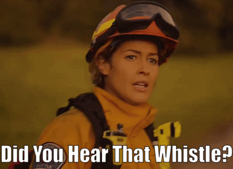 A Woman Wearing A Helmet And Goggles Is Asking Did You Hear That Whistle GIF