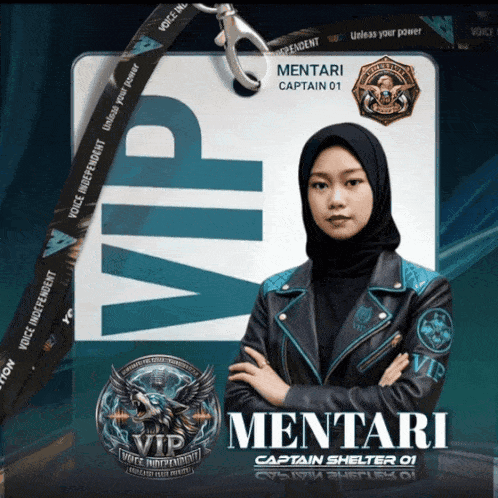 A Woman Wearing A Hijab And A Leather Jacket Has The Name Mentari On Her Lanyard GIF