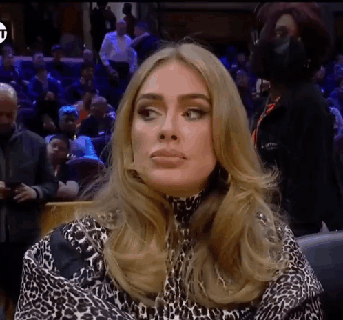 A Woman Wearing A Leopard Print Top Is Sitting In Front Of A Crowd GIF