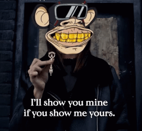 A Woman Wearing A Monkey Mask Holds A Key And Says I 'Ll Show You Mine If You Show Me Yours . GIF