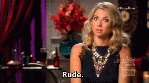 A Woman Wearing A Necklace And A Black Top Is Talking To Someone And Saying Rude . GIF