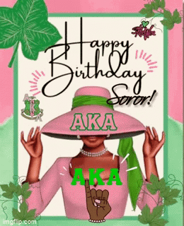 A Woman Wearing A Pink Hat And A Green Scarf Is On A Birthday Card For A Sorority . GIF
