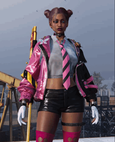 A Woman Wearing A Pink Jacket And Tie Is Holding A Gun GIF