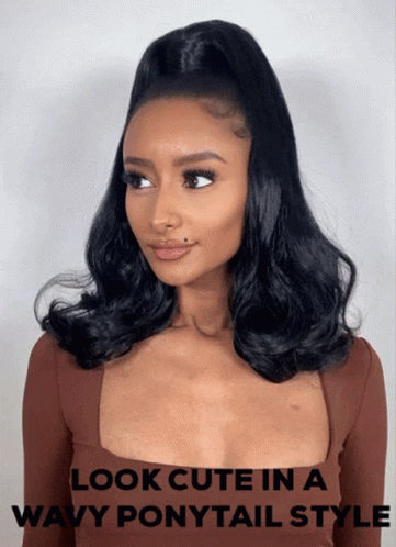 A Woman Wearing A Ponytail With The Words Look Cute In A Wavy Ponytail Style Below Her GIF