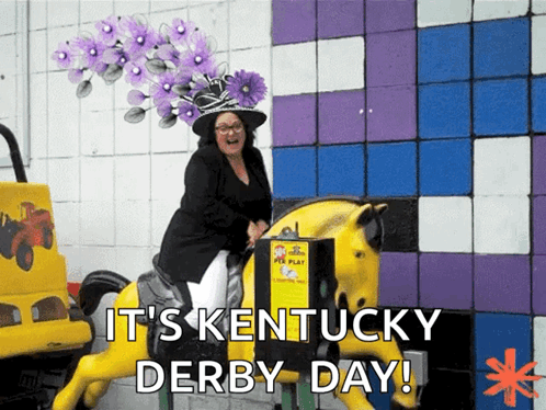 A Woman Wearing A Purple Hat Is Riding A Yellow Horse With The Words It 'S Kentucky Derby Day Below Her GIF
