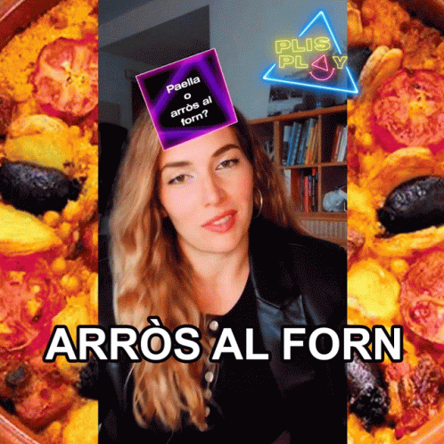 A Woman Wearing A Purple Hat With Paella Written On It GIF