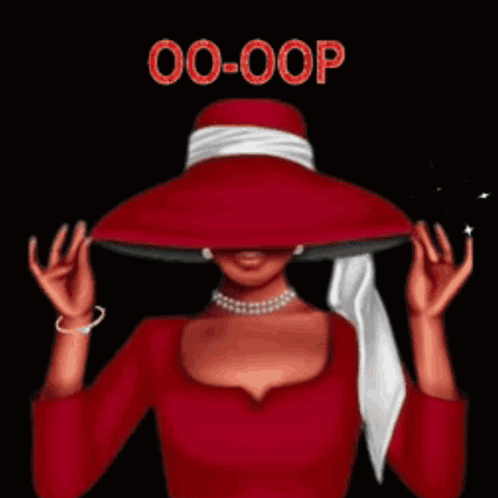 A Woman Wearing A Red Hat With The Word Delta Girl On It GIF