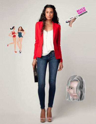 A Woman Wearing A Red Jacket And Jeans Is Surrounded By Stickers Including One That Reads Beach Waver GIF