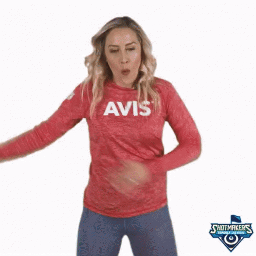 A Woman Wearing A Red Shirt That Says ' Abercrombie & Fitch ' On It GIF