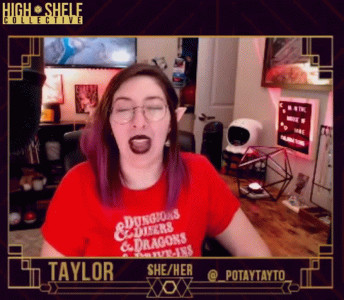 A Woman Wearing A Red Shirt That Says Dungeons And Dragons GIF