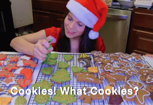 A Woman Wearing A Santa Hat Decorates Gingerbread Cookies With The Words Cookies What Cookies Below Her GIF