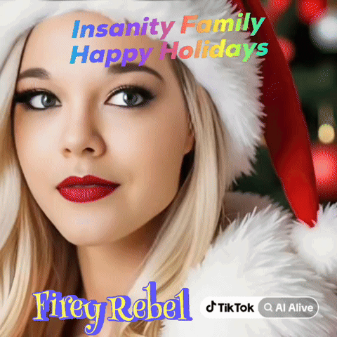 A Woman Wearing A Santa Hat Says Insanity Family Happy Holidays Firey Rebel GIF