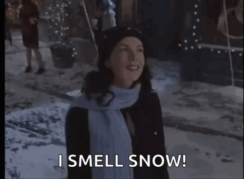 A Woman Wearing A Scarf And A Hat Is Standing In The Snow . GIF