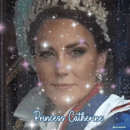 A Woman Wearing A Tiara With The Name Princess Catherine On It GIF