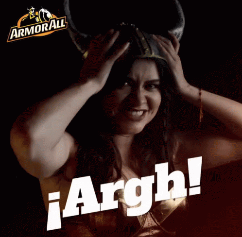 A Woman Wearing A Viking Helmet Is Holding Her Head In Front Of A Sign That Says Armorall GIF