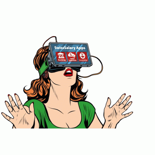 A Woman Wearing A Virtual Reality Headset With Swiss Salary Apps On It GIF
