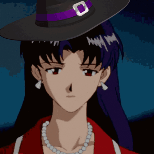 A Woman Wearing A Witch Hat And A Necklace With The Words Its Misato Above Her GIF